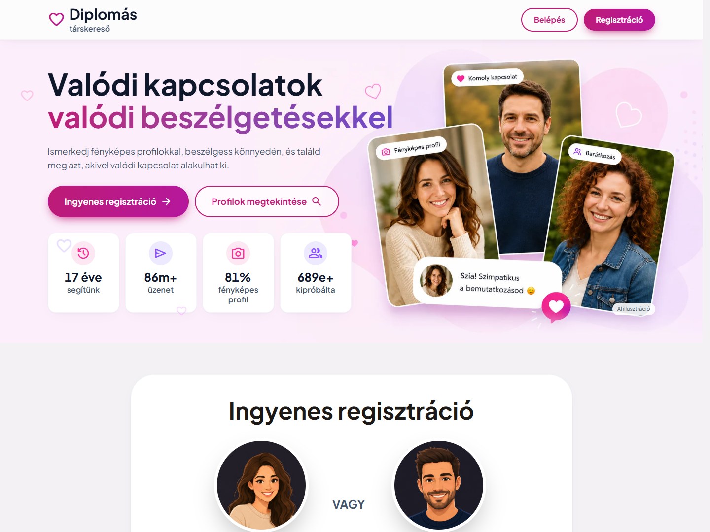 Diplomás társkeresők – főoldali képernyőkép világos módban.